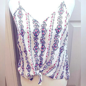 Japna Floral Tank Top Shirt Womens Small White‎ Tie Front  Adjustable Straps